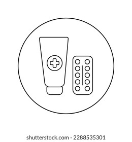 Linear vector icon of pills and cream medical.Isolated on white background