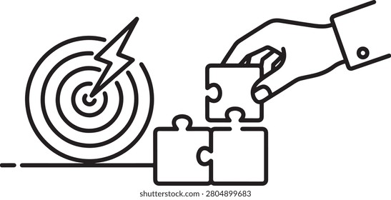 A linear vector icon showing a hand assembling puzzle pieces beside a target symbol, illustrating concepts of strategic planning, goal achievement, business solutions, and effective project management processes.