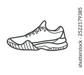 Linear vector icon of tennis shoes. Simple black and white illustration in line art style. Great for sports, footwear, and tennis-related designs.