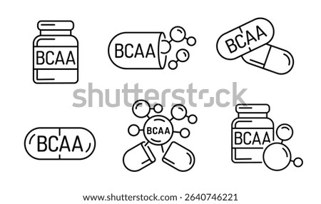 Linear vector icons of BCAA. Branched-chain amino acids symbol featuring leucine, isoleucine, and valine. Represents muscle recovery, energy boost, athletic performance. Editable vector illustration