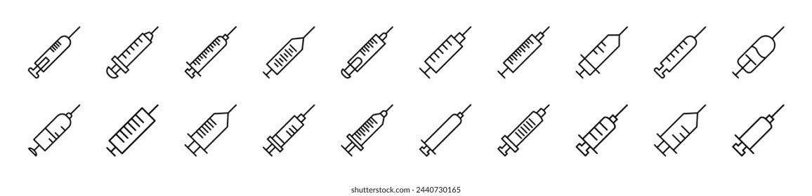 Linear vector icons collection of syringe. Editable stroke. Simple linear illustration for web sites, newspapers, articles book