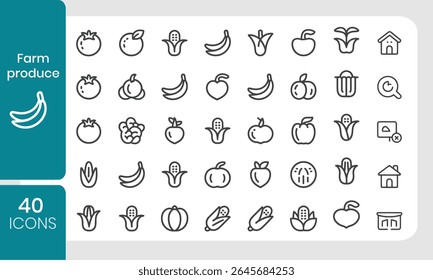 Linear vector icons illustrating farm produce vegetables and fruits for food or agriculture concepts