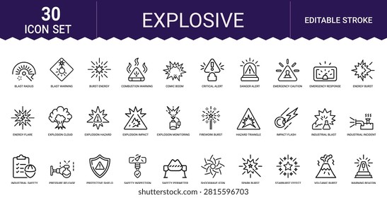 Linear vector icons representing blast danger, hazardous events and industrial safety alerts.
