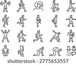 Linear vector icons representing male fitness exercises stretching movements warm up routines and physical activity.