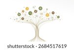 Linear vector illustration, abstract AI powered growth tree with education and knowledge icons. Digital technology, neural network background. School, University, business, science infograph concept.