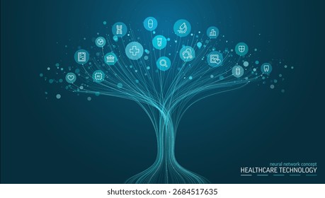Linear vector illustration, abstract AI powered growth tree. Healthcare, medical innovation concept. Healthtech, Neural network background. Heart, cross, pill, DNA and hospital icon. Vector background