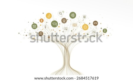 Linear vector illustration, abstract AI powered growth tree with education and knowledge icons. Digital technology, neural network background. School, University, business, science infograph concept.