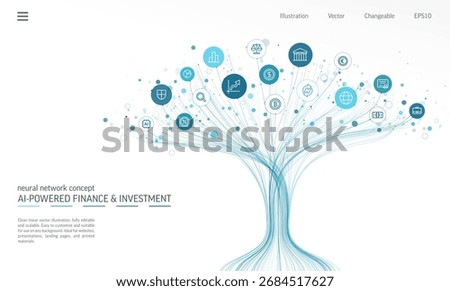 Linear vector illustration, abstract AI powered growth tree with finance, investment and banking icons. Digital technology, Neural network background. Crypto trading, fintech business concept. Vector