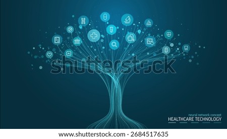 Linear vector illustration, abstract AI powered growth tree. Healthcare, medical innovation concept. Healthtech, Neural network background. Heart, cross, pill, DNA and hospital icon. Vector background