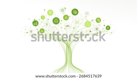 Linear vector illustration, abstract AI powered growth tree. Eco, sustainability and renewable energy concept. Neural network background. Leaf, wind turbine, solar panel, water drop and recycling icon