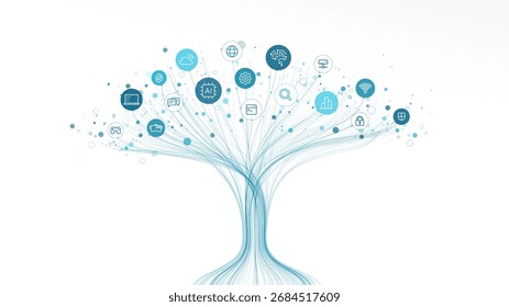 Ilustración vectorial lineal, árbol de crecimiento impulsado por IA con iconos de tecnología digital. Antecedentes de la red neuronal. Ciencia de Big Data, concepto de servidor en la nube. Vector Abstractas, diseño moderno de la infografía del negocio