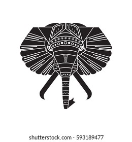 Linear vector illustration of black elephant head on the white background. Boho style tattoo. Geometric design.
