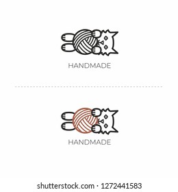 Linear vector illustration of a cat and a ball of yarn. Handmade logo with yarn. Cat and yarn. Knitting logo. Yarn icon.