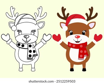 linear and vector illustration for children's coloring and book dancing cute Christmas deer with scarf with snowflakes and red Christmas hat like Santa