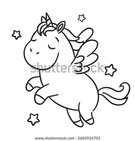 Linear vector illustration, children's coloring page. A cute pony with wings flies with stars.
