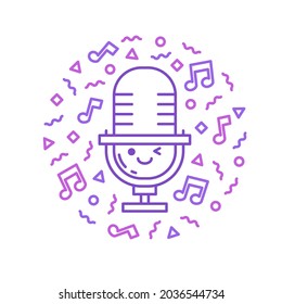 Linear vector illustration of cute microphone character. Podcast concept for online radio or mobile app. Editable stroke