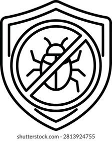 A linear vector illustration depicting a shield with a bug inside, crossed out, symbolizing pest control, protection, and insect repellent services.