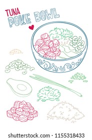 Linear vector illustration of fresh and tasty tuna poke bowl. With raw ingredients for poke bowl. Isolated elements with hand drawn lettering