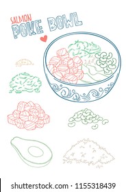 Linear vector illustration of fresh and tasty salmon poke bowl. With raw ingredients for poke bowl. Isolated elements with hand drawn lettering