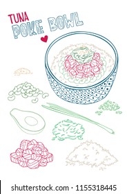Linear vector illustration of fresh and tasty tuna poke bowl. With raw ingredients for poke bowl. Isolated elements with hand drawn lettering