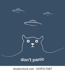 Linear vector illustration of funny scared cat and UFO. Design template for printing or avatar