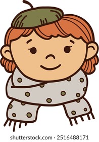 Linear vector illustration of a girl in a beret and scarf, icon, symbol. Autumn illustration