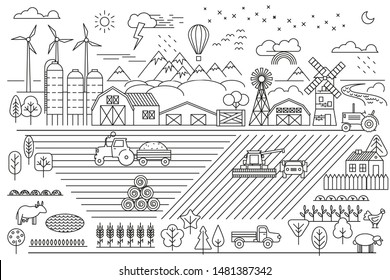 Linear vector illustration. Green farm. Fields, vegetable gardens, hangars, buildings, barns, agricultural machinery. Eco farm. 