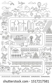 Linear vector illustration. Green farm. Fields, vegetable gardens, hangars, buildings, barns, agricultural machinery. Eco farm. 