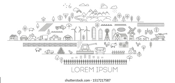 Linear vector illustration. Green farm. Fields, vegetable gardens, hangars, buildings, barns, agricultural machinery. Eco farm. 