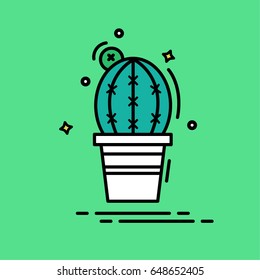 Linear Vector Illustration, Green Succulent in white pot