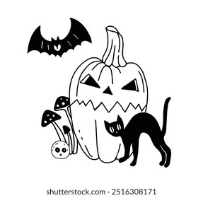 Ilustración vectorial lineal con una calabaza de Halloween, mosca agárica, gato negro, murciélago y cráneo sobre un fondo blanco.