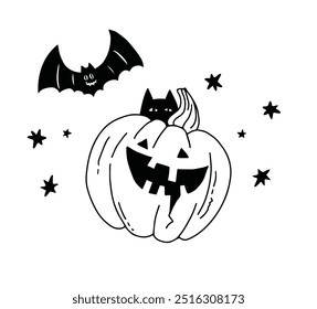 Ilustración vectorial lineal con una calabaza de Halloween, gato negro, murciélago sobre un fondo blanco.