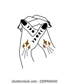 linear vector illustration of hands. Drawn magical symbols. Fold your hands for prayer. Design elements for decoration. Witchcraft and mysticism. Hands folded into a lock