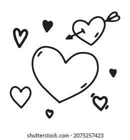 Linear vector illustration with hearts on white background in cartoon style