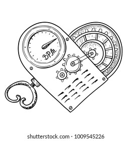 Linear vector illustration of a heart-shaped mechanism with winding key, gears and BPM indicator