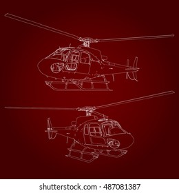 Linear Vector illustration. Helicopter on a red background.