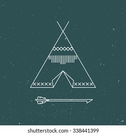 Linear vector illustration of indian wigwam and arrow