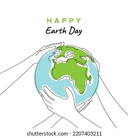 Linear vector illustration with inscription Happy Earth Day. Concept of Clean planet, Global Environmental protection, Esg. Line art illustration.