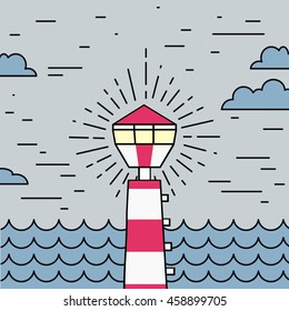 Linear vector illustration, lighthouse and sea landscape