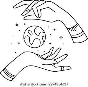 Ilustración de vectores lineales. Dibujos mágicos a mano. El concepto de magia y curación con las manos. Manos sosteniendo la tierra en el espacio. 