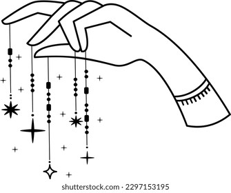 Linear Vector Illustration. Magical hand drawings. The concept of magic and healing with hands. Cosmos in hand, cosmoenergetics. 
