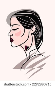 Linear vector illustration. Minimalist abstract female portrait, beautiful girl in profile