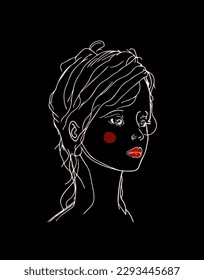 Linear vector illustration. Minimalist abstract portrait of a girl on a black background