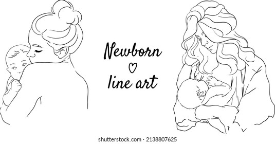 Linear vector illustration of mom and baby. Mom with newborn