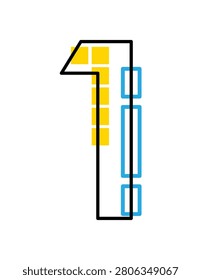 Linear vector illustration of the number one. Creative typographic numeral design with yellow squares and blue rectangles on a white background.