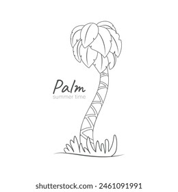 Linear vector illustration with palm tree on white background. Logo. Vacation.