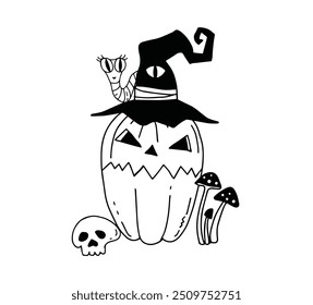Linear vector illustration with a pumpkin for Halloween, fly agarics and a skull on a white background.