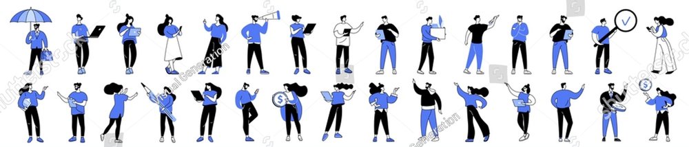 Linear vector illustration set of business people in work process. Men and women thinking about problem solution, showing a plan, pointing, explaining the presentation, searching for strategic data.