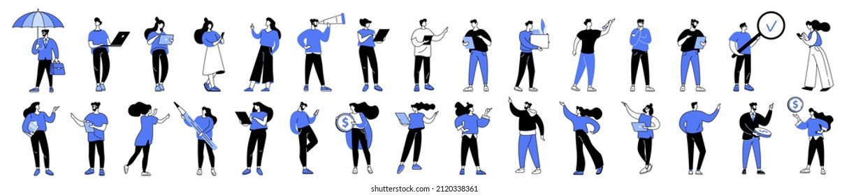 Linear vector illustration set of business people in work process. Men and women thinking about problem solution, showing a plan, pointing, explaining the presentation, searching for strategic data.