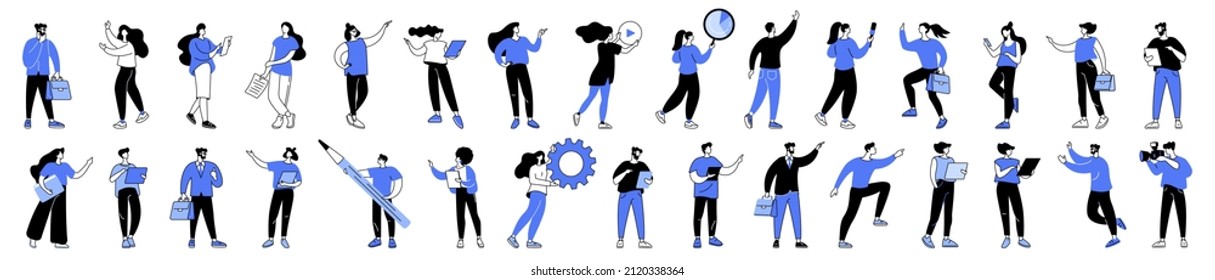 Linear vector illustration set of business people in work process. Diverse men and women solve business problems, carry out work assignments, explaining the presentation, clerks do office tasks.